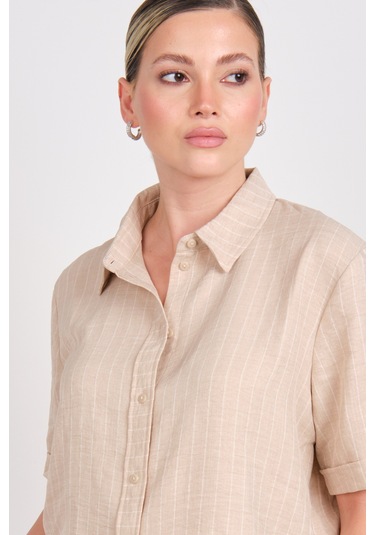 Jdy Kadın Jdypower Çizgili Kısa Kollu Gömlek 15347235 Bej Bej