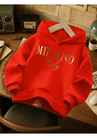 Kışlık Kapüşonlu Sweatshirt, Çocuk We Milano İtaliy Baskılı Kırmızı