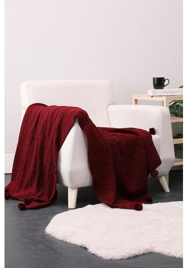 Biocotton Triko Ponponlu Örgü Tv Battaniyesi - Bordo