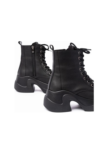 Siyah Yüksek Tabanlı Bağcıklı Fermuarlı Günlük Kadın Bot Siyah