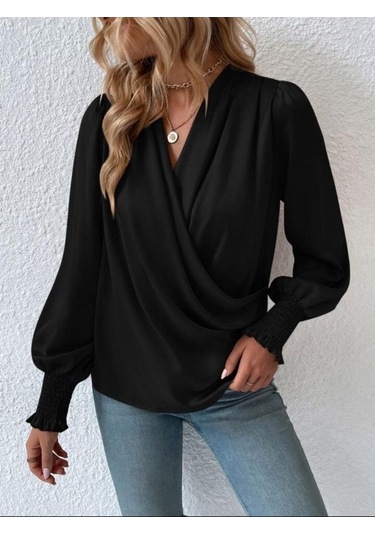Modasize Kadın Uzun Kollu Dökümlü Kruvaze Yaka Kol Ucu Gipeli Sandy Bluz Siyah