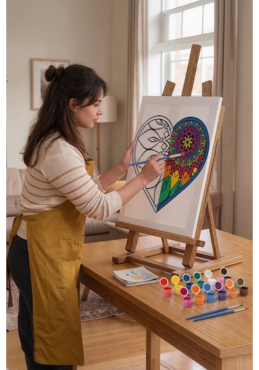 Yapraklı Kalp Desenli Mandala Ahşap Boyama Seti 40x50 Cm