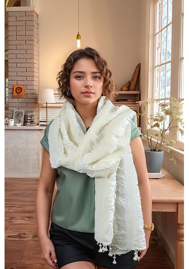 Rosehan Collection El Dokuması Krem İpek Şal - Gofreli - Ödemiş İpeği