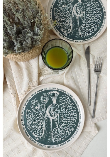 Keramika Tavus Kuşu Nordıc Pasta Tabağı 22 Cm 4 Adet 23137 Yeşil