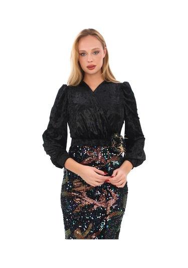 Kruvaze Yaka Payetli Elbise 2750-siyah/bakır Siyah/bakır
