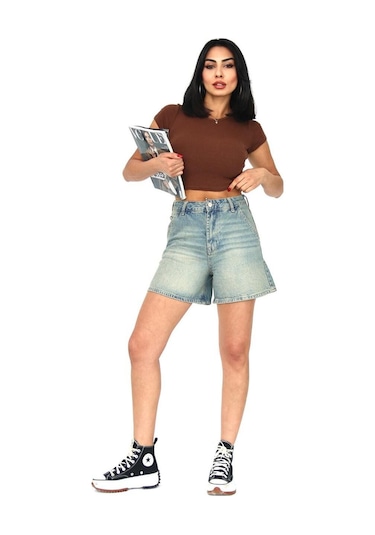 Tint Wash Denim Mini Şort Mavi