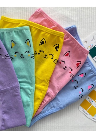 Alya Underwear Kedi Baskılı Pamuklu Kız Çocuk Külot, Renkli Slip Külot Çok Renkli P62
