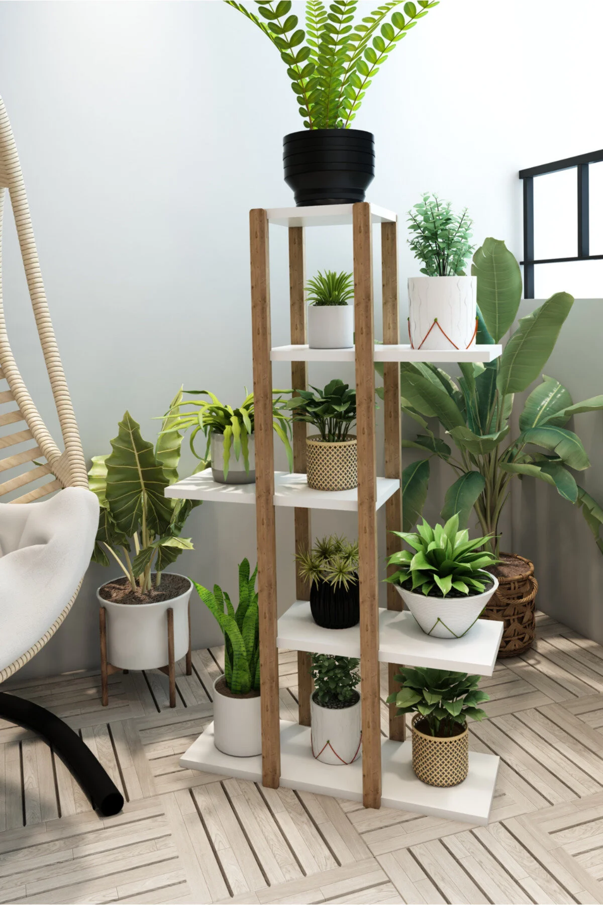 Lotus Ahşap 5 Katlı Çiçeklik, Saksılık, Çiçek Standı, Dekoratif Raf / Çok Amaçlı Kullanım Beyaz