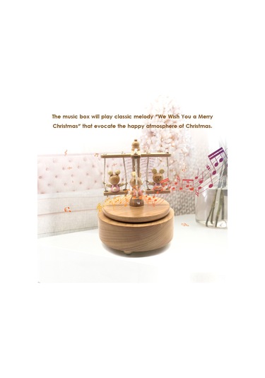 Yunboo Mutlu Ayı Dönen Müzik Kutusu - Noel Şarkılı Kayın Ağacından Yapılmış Hediyelik Ahşap Rengi