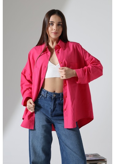 Yeni Sezon Poplin Kumaş Çift Cepli Oversize Pamuklu Kadın Tunik Gömlek Fuşya