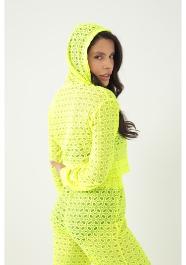 Kapuşonlu Dantel Bluz Neon Sarı