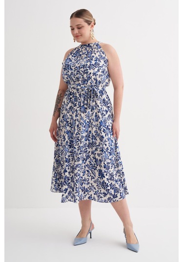 Halter Yaka Kuşaklı Desenli Uzun Elbise-6215 Mavi