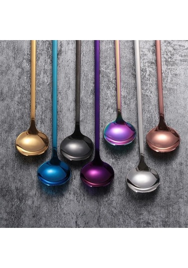 Novahub 24cm Uzun Sap Kahve Çay Karıştırma Kaşık Gökkuşağı Renk Black Black Dondurma Tatlı Kaşığı 304 Paslanmaz Çelik Black