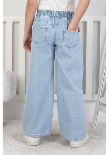 Moonch Kız Çocuk Çiçek Nakışlı Geniş Paça Jean Pantolon Mavi