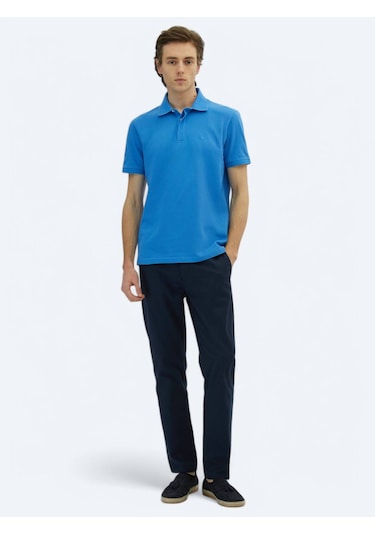 Saks Düz Polo Yaka %100 Pamuk T-shirt Saks