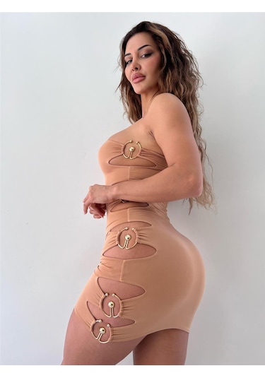 Pink Life Bej Mikro Kumaş Straplez Toka Detaylı Tasarım Elbise-Bej