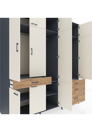 Kronos Dolap 8 Raflı 4 Çekmeceli 3 Askılı 220x59x243 Antrasit-aytaşı/çam Aytası/atlas Çam