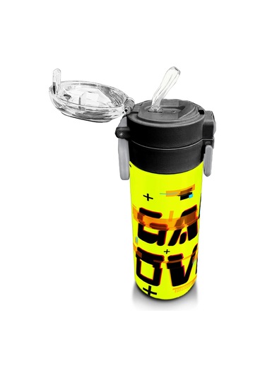 Coral High Kids Siyah Neon Sarı Game Over Desenli Pipetli Ve Direkt İçim Çelik Termos 500 Ml 31936 Neon