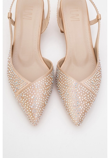 Sella Bej Saten Taşlı Kadın Kısa Topuklu Ayakkkabı Bej