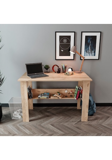 Kznhome Study Raflı Çalışma Masası Bilgisayar Masası Ofis Masası Meşe