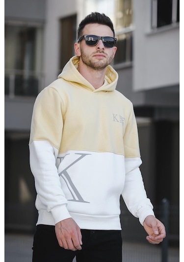 Oksit Kewin Üç İplik Şardonlu Baskılı Çift Renk Parçalı Kapüşonlu Erkek Sweatshirt 001