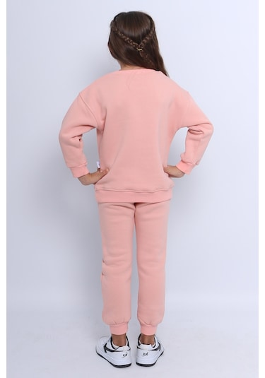 Kız Çocuk 3 İplik Eşofman Takımı Princess Baskılı E3 Somon