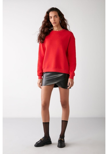 Vaneltına  Kadın Içi Polarlı 3 Iplik Organik Pamuk Oversize Basic Bisiklet Yaka Kırmızı Sweatshirt