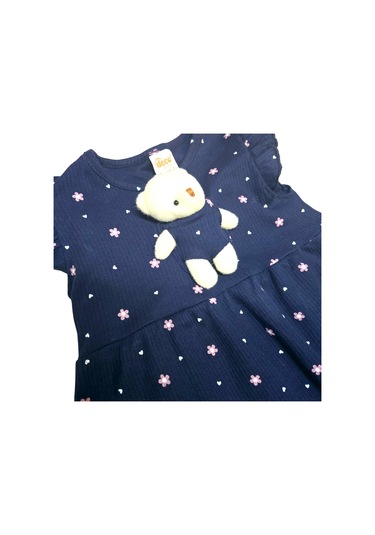 Ayıcık Aksesuarlı Çiçekli Kız Çocuk Yazlık Elbise Lacivert