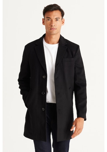 Ac&Co / Altınyıldız Classics Erkek Sıyah Standart Fit Normal Kesim Mono Yaka Yünlü Palto Siyah