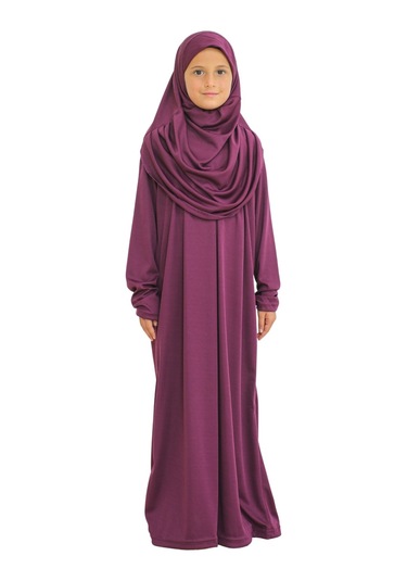 İki Parça Çocuk Elbisesi Seti Eşarp İle Takım Mor