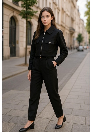 Siyah Gömlek Yaka Fermuarlı Kadın Alt Üst Takım Şık Ve Rahat Günlük Kombin Çok Renkli