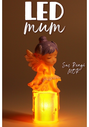 3lü Led Mum Kanatlı Melek Tip Dumansız Pilli Alevli Dekoratif Yapay Mum Işıldak Mor 1037-7