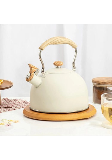 F Fityle Paslanmaz Çelik Ahşap Saplı Çaydanlık - Beyaz Ahşap