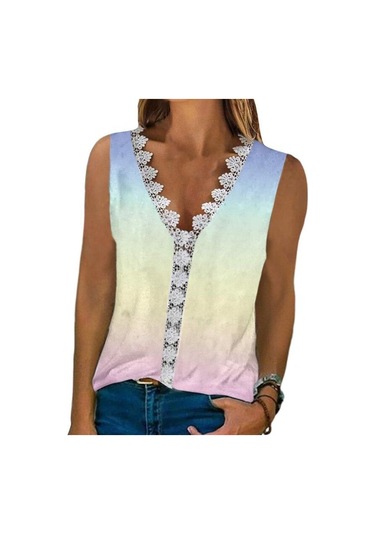 V Yaka Dantel Çiçek Baskı Yaz Bluzlar Kadın 2023 Kolsuz Rahat Gömlek Üstleri Kadın Moda Zarif T Gömlek Kadın Giyim 24858 Floral