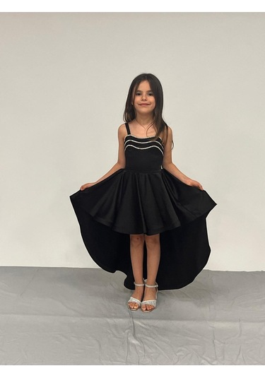 Kız Çocuk Abiye Siyah Saten Kuyruklu Yaka Şerit Taşlı Abiye Elbise 5-10 Yaşyaş Siyah