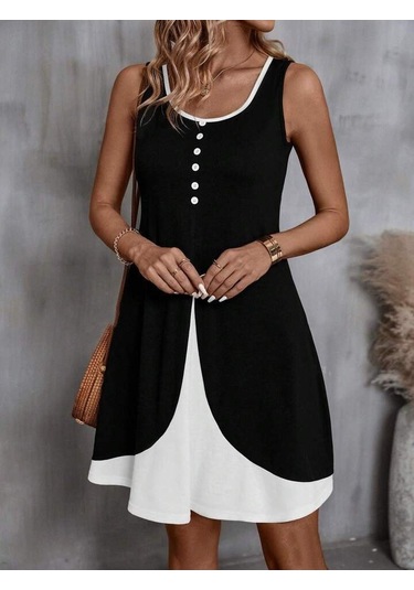 Kadın Askılı Yuvarlak Yaka Önden Düğmeli Çift Renkli Viskon Elbise Siyah