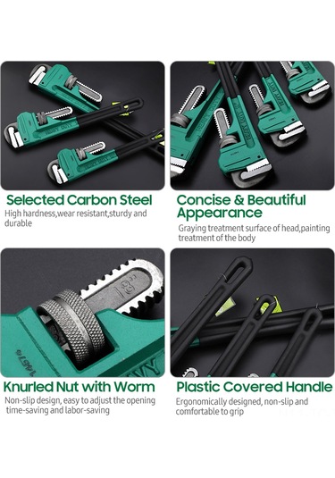Skycity 8 İnç Karbon Çelik Ağır Duty Boru Anahtarı - Ev Tesisatı, Endüstriyel Bakım İçin Ayarlanabilir, Yeşil-siyah