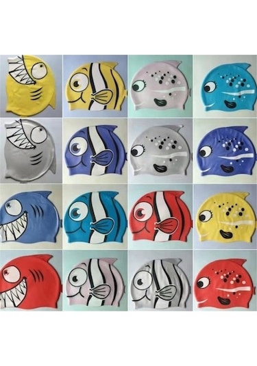 Dm Kulak Koruma Küçük Balık Desenli Çocuk Silikon Yüzme Şapkası Model H Beyaz