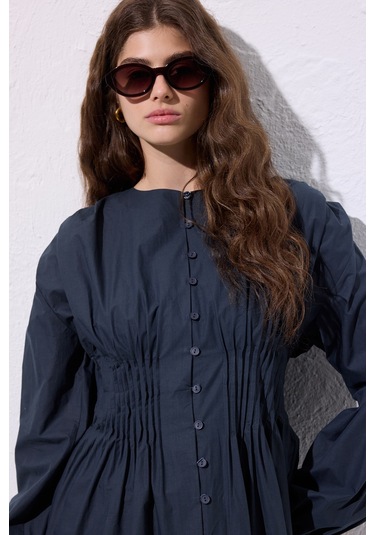 Beli Pile Detaylı Uzun Kol Bluz Lacivert Lacivert