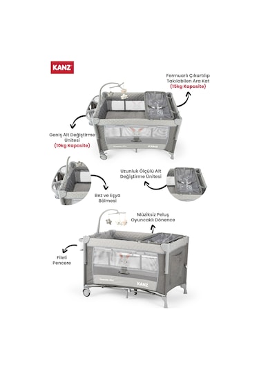 Kanz Sleepside +plus Anne Yanı Park Yatak Gri - Yatak Hediyeli