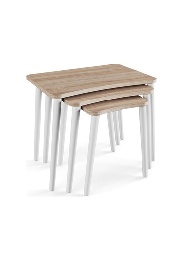 Zuesse Dizayn Beyza 3lü Zigon Sehpa & Yan Sehpa Beyaz Ahşap Ayaklı Salon Seti Çay Sehpası - Sonomo