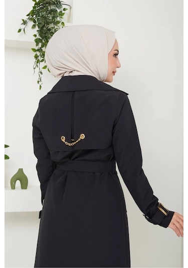 Pamuklu Bondit Kumaş Trençkot / M0105 - Siyah Siyah