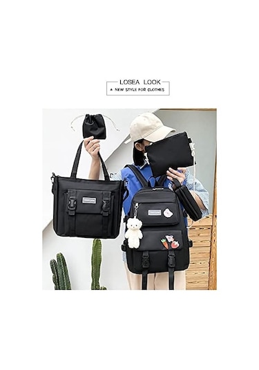 Aromee 5 Parça Set Kadın Laptop Sırt Çantası Tuval Okul Çantaları - Siyah