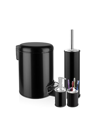 Elit Serisi 4'lü Banyo Seti Çöp Kovası Wc Fırçası Sabunluk Diş Fırçalık - Siyah 3 Lt'li Yavaş Kapanır Siyah