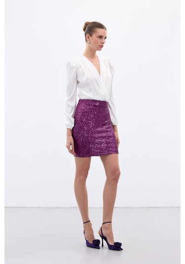 Sateen Payetli Mini Etek - Mürdüm-136651 Mürdüm
