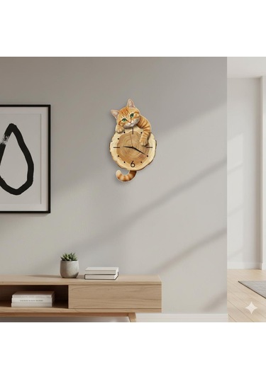 Cajuart Kütük Üzerinden Bakan Sarman Kedi Tasarımlı Duvar Saati Modern Dekoratif Saat Kahverengi