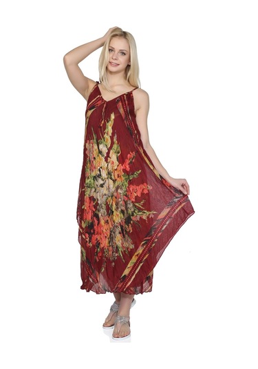 Askılı Vual Afrodit Midi Boy Elbise Bordo 6078 Bordo