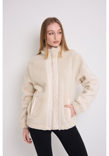 Kadın Ekru Rüzgar Geçirmez Welsoft Çift Cepli Kışlık Mont Ekru