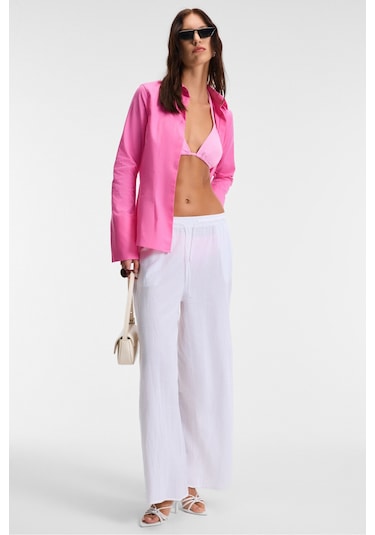 PAPILUS Kadın Regular %100 Organik Pamuk İnce Uzun Gömlek Yaka Uzun Kollu Pembe Gömlek