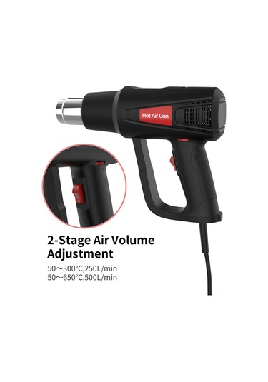 Lemestar Isı Fırçası 2000w 50-650 C Sürekli Sıcaklık Regülasyonu 2 Lü Hava Hızı 5 Ağızlı + 1 Scraper Ergonomik Kumaş Avrupa Standartı Siyah